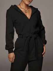 Zippered Hooded Belt Long Sleeve Cargo Jumpsuit Ins Street