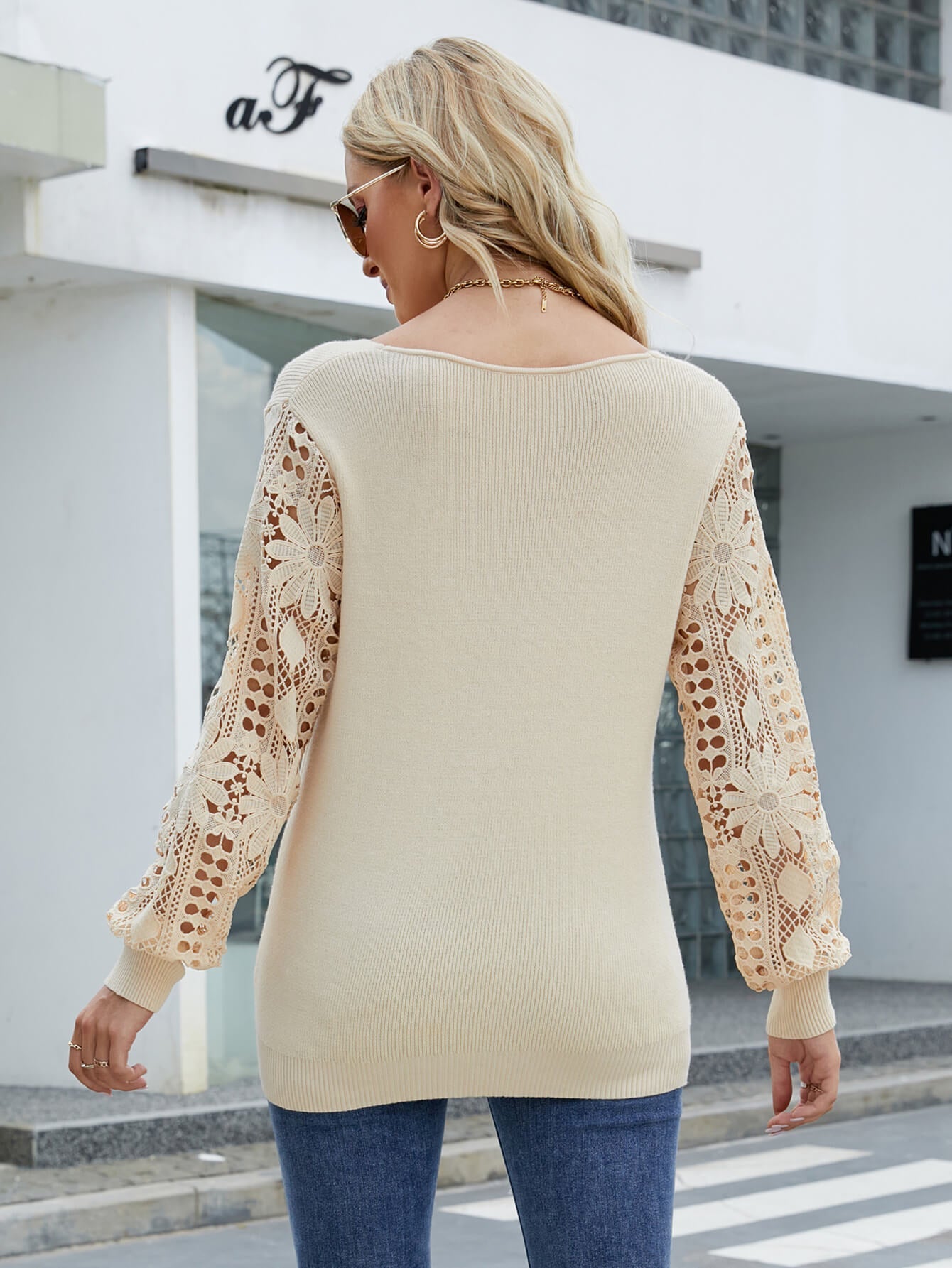 Lace Sleeve Ribbed Trim V-Neck Sweater Ins Street