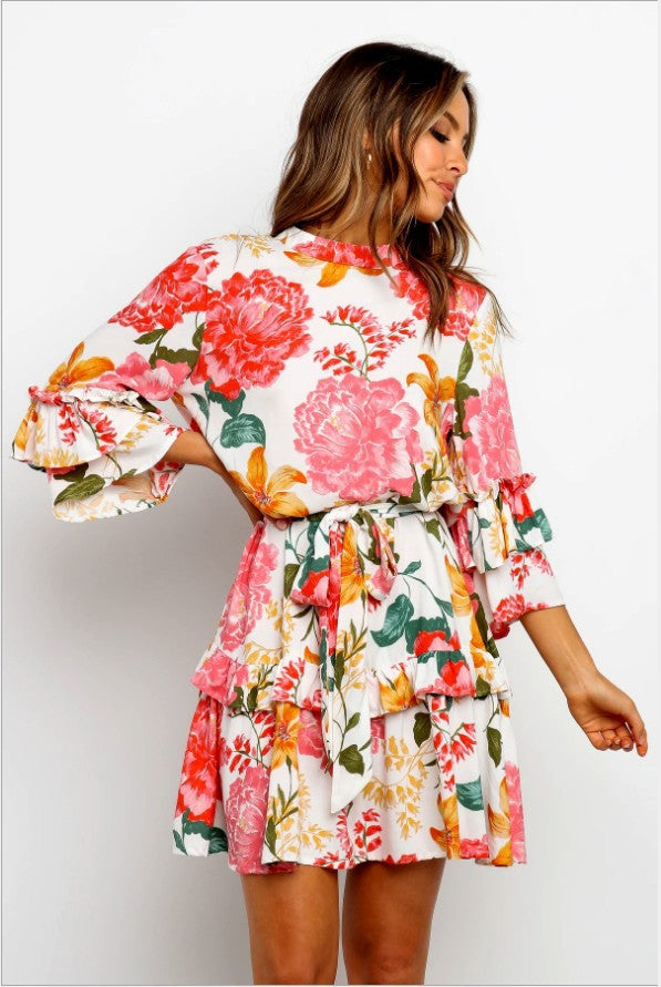 Once And Floral Satin Rope Tie Ruffle Dress Ins Street