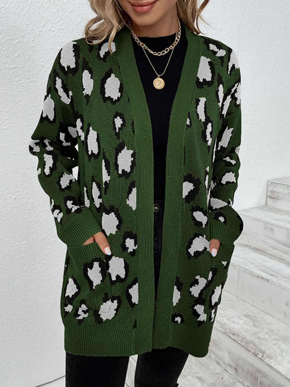 Leopard Print Ribbed Trim Dropped Shoulder Longline Cardigan Ins Street