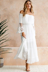 Three-Quarter Sleeve Floor-Length Pleated Off Shoulder Expansion Women's Dress Ins street