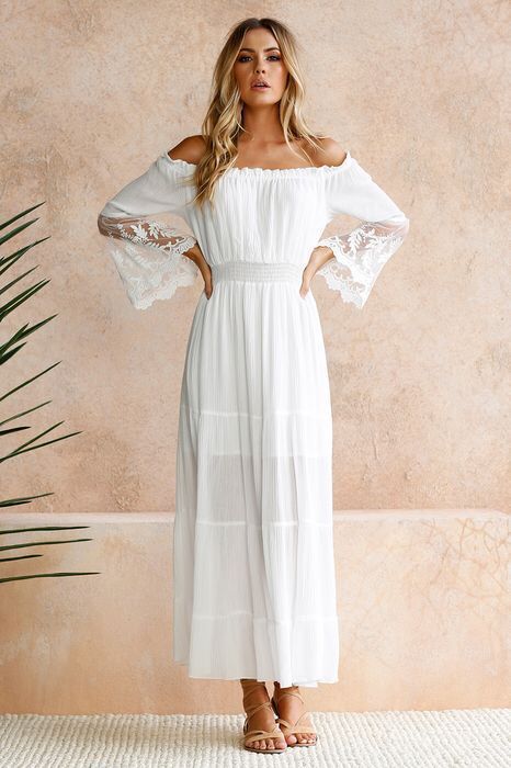 Three-Quarter Sleeve Floor-Length Pleated Off Shoulder Expansion Women's Dress Ins street