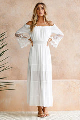 Three-Quarter Sleeve Floor-Length Pleated Off Shoulder Expansion Women's Dress Ins street