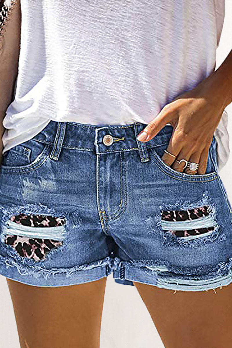 Patchwork Ripped Mid Waist Straight Denim Shorts Ins Street