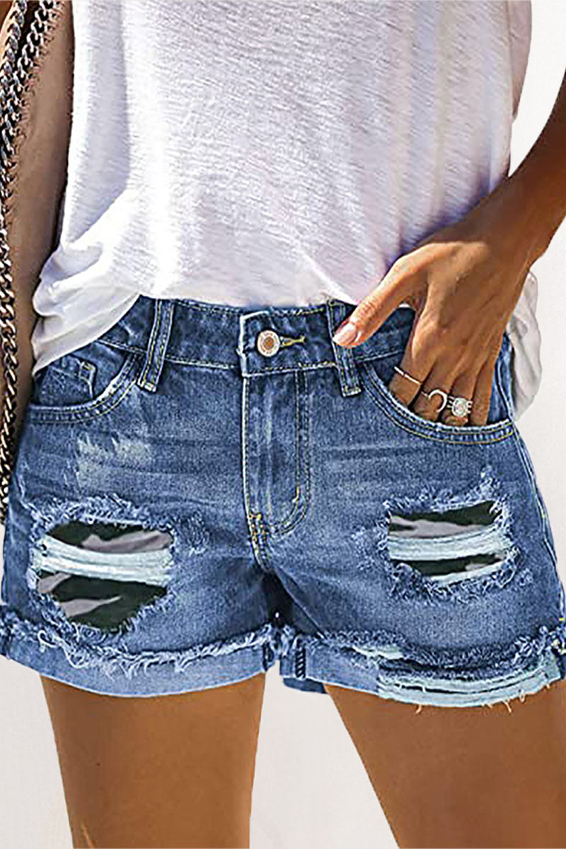 Patchwork Ripped Mid Waist Straight Denim Shorts Ins Street