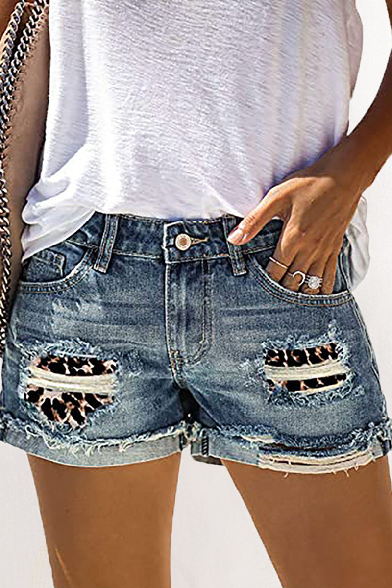 Patchwork Ripped Mid Waist Straight Denim Shorts Ins Street