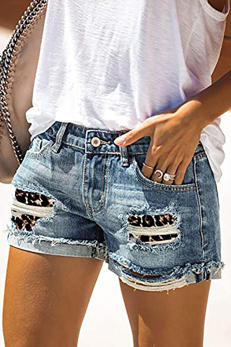 Patchwork Ripped Mid Waist Straight Denim Shorts Ins Street