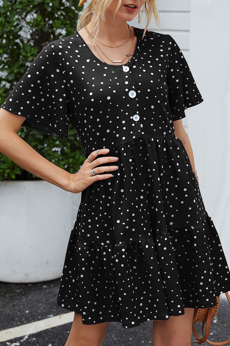 Casual Dot Split Joint O Neck A Line Dresses Ins Street