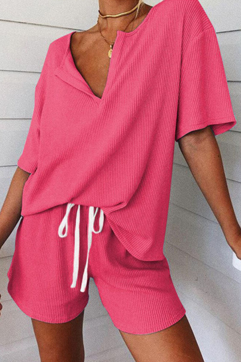 Living Solid Frenulum V Neck Short Sleeve Two Pieces(3 colors) Ins Street