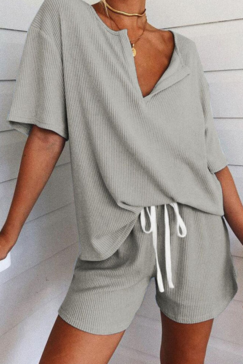 Living Solid Frenulum V Neck Short Sleeve Two Pieces(3 colors) Ins Street