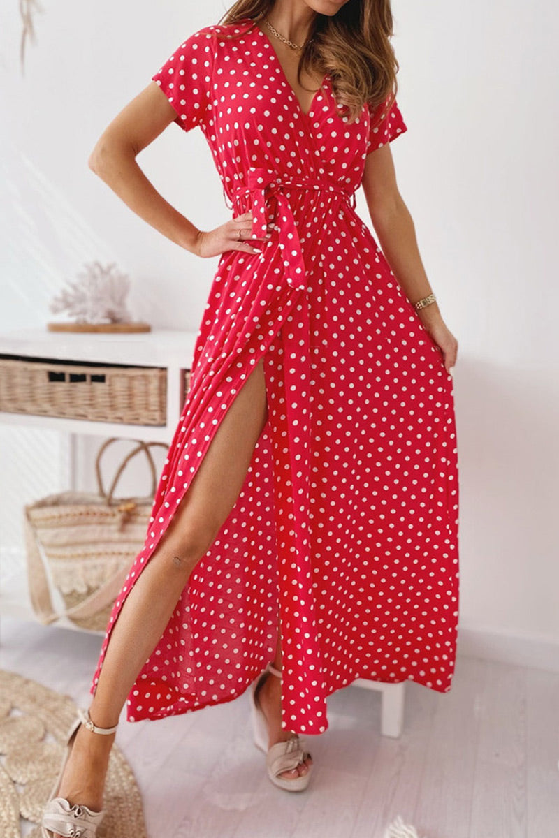 Dot Slit V Neck A Line Dresses Ins Street