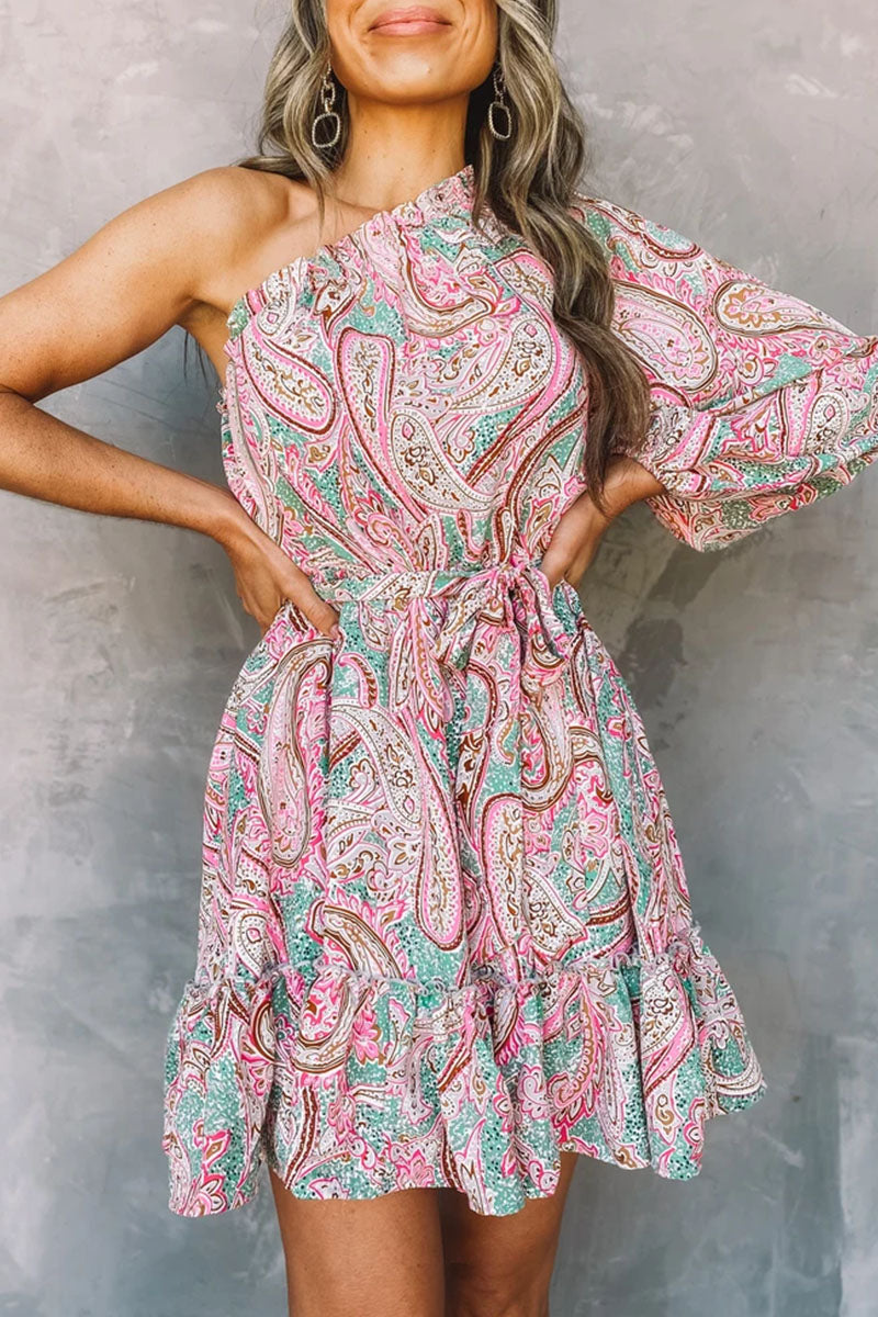 Elegant Print Split Joint One Shoulder A Line Dresses Ins Street