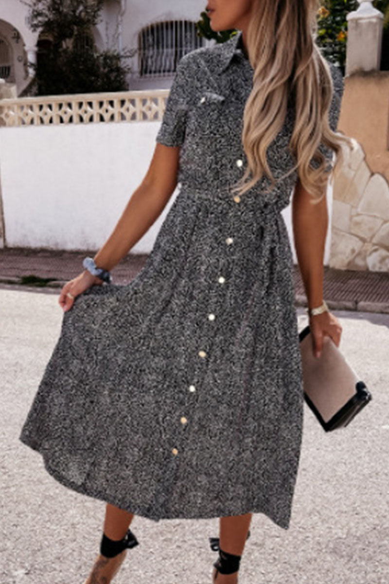 Print Split Joint Turndown Collar A Line Dresses Ins Street