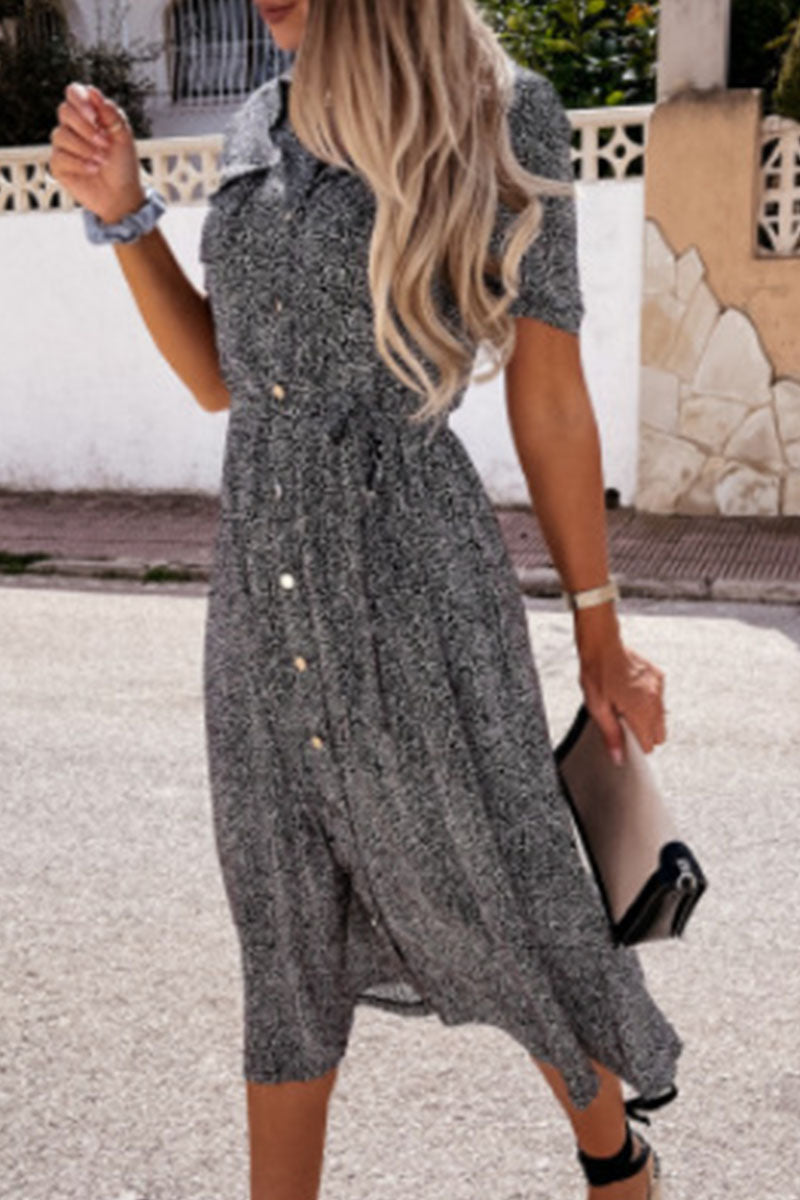 Print Split Joint Turndown Collar A Line Dresses Ins Street
