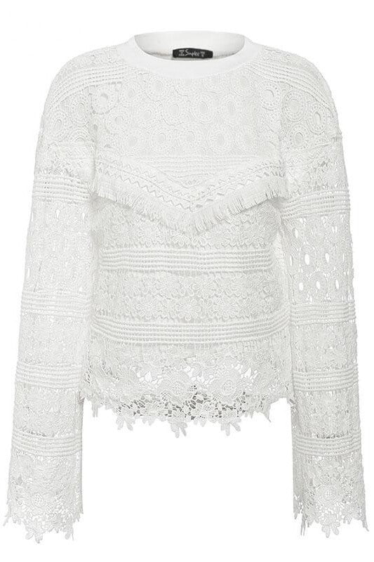 White Floral Lace Long Sleeve Blouse Top Ins street