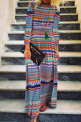 Elegant Print Basic O Neck Long Sleeve Dresses Ins Street