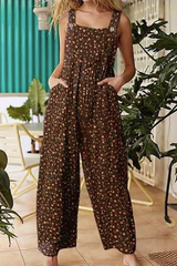 Casual Floral Split Joint Pocket Square Collar Regular Jumpsuits Florcoo