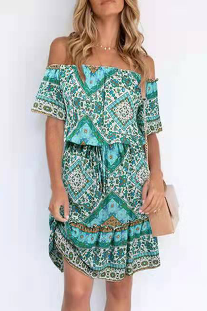 Bohemian Print Split Joint Off the Shoulder A Line Dresses Florcoo