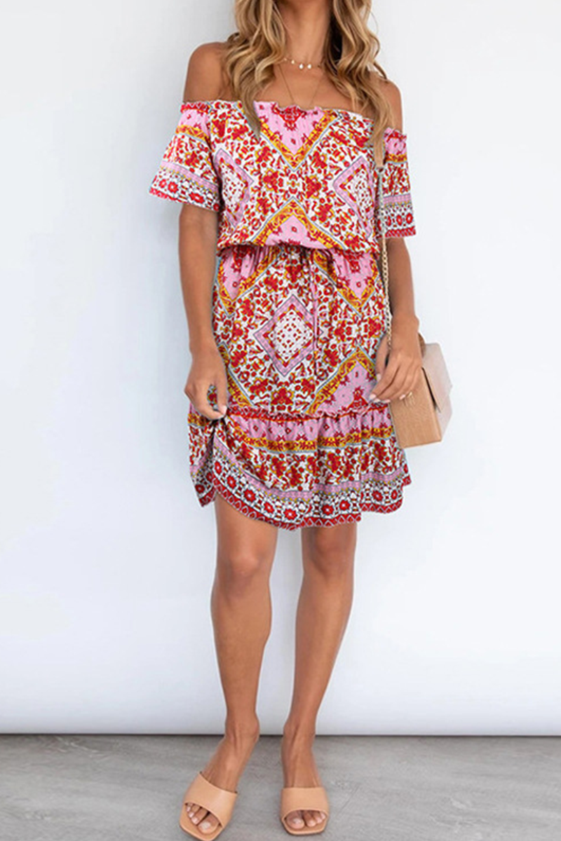 Bohemian Print Split Joint Off the Shoulder A Line Dresses Florcoo