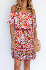 Bohemian Print Split Joint Off the Shoulder A Line Dresses Florcoo