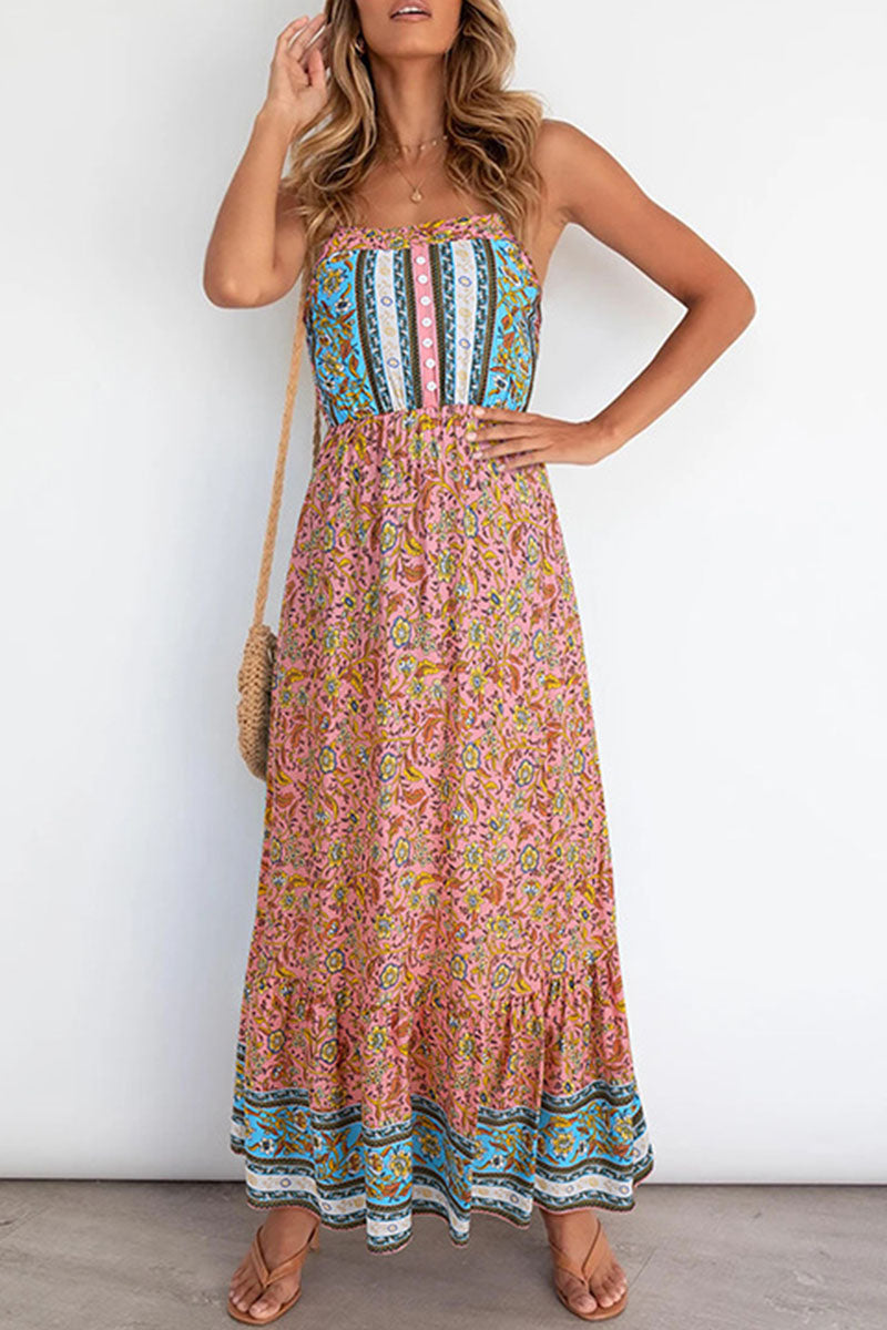 Elegant Print Split Joint Spaghetti Strap A Line Dresses Ins Street