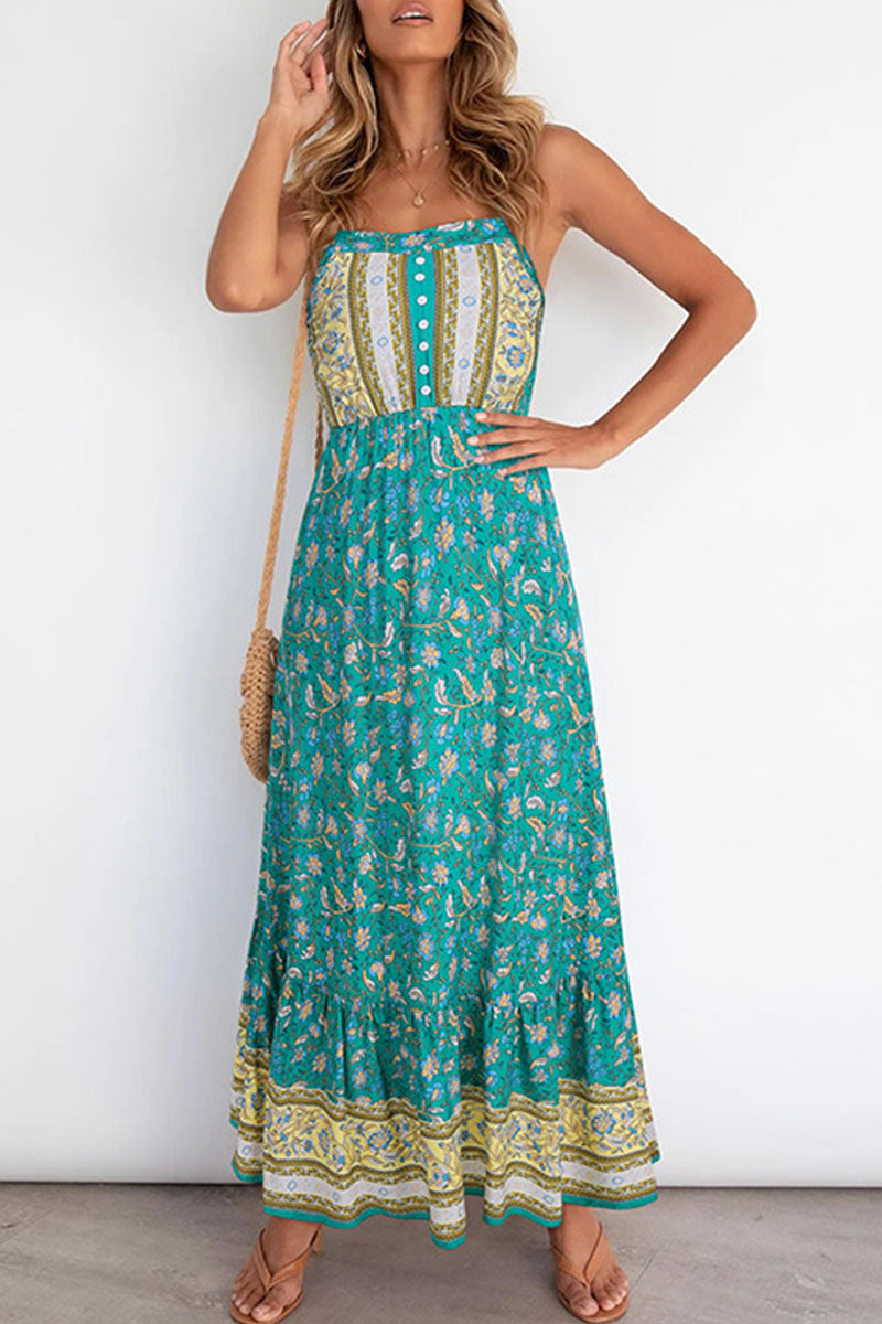 Elegant Print Split Joint Spaghetti Strap A Line Dresses Ins Street