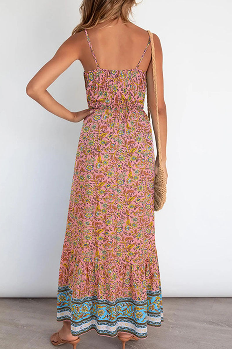 Elegant Print Split Joint Spaghetti Strap A Line Dresses Ins Street