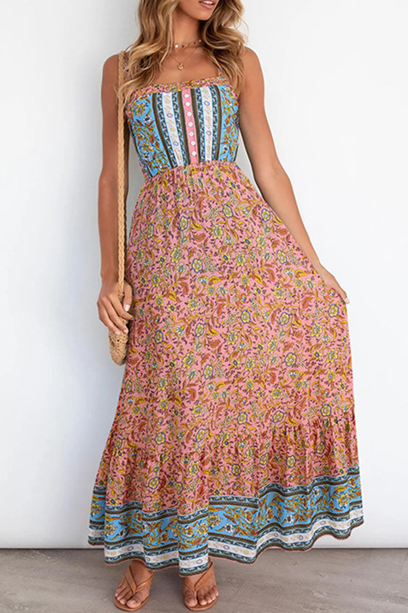 Elegant Print Split Joint Spaghetti Strap A Line Dresses Ins Street