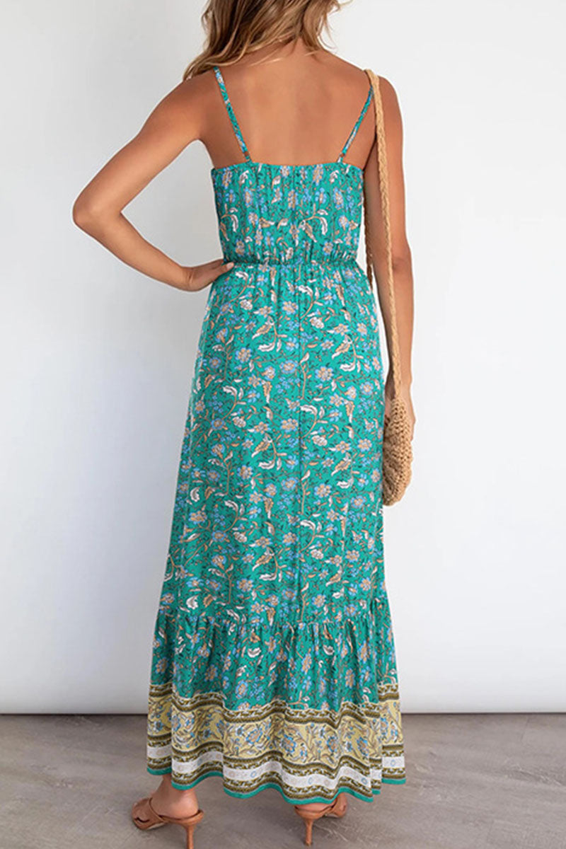 Elegant Print Split Joint Spaghetti Strap A Line Dresses Ins Street