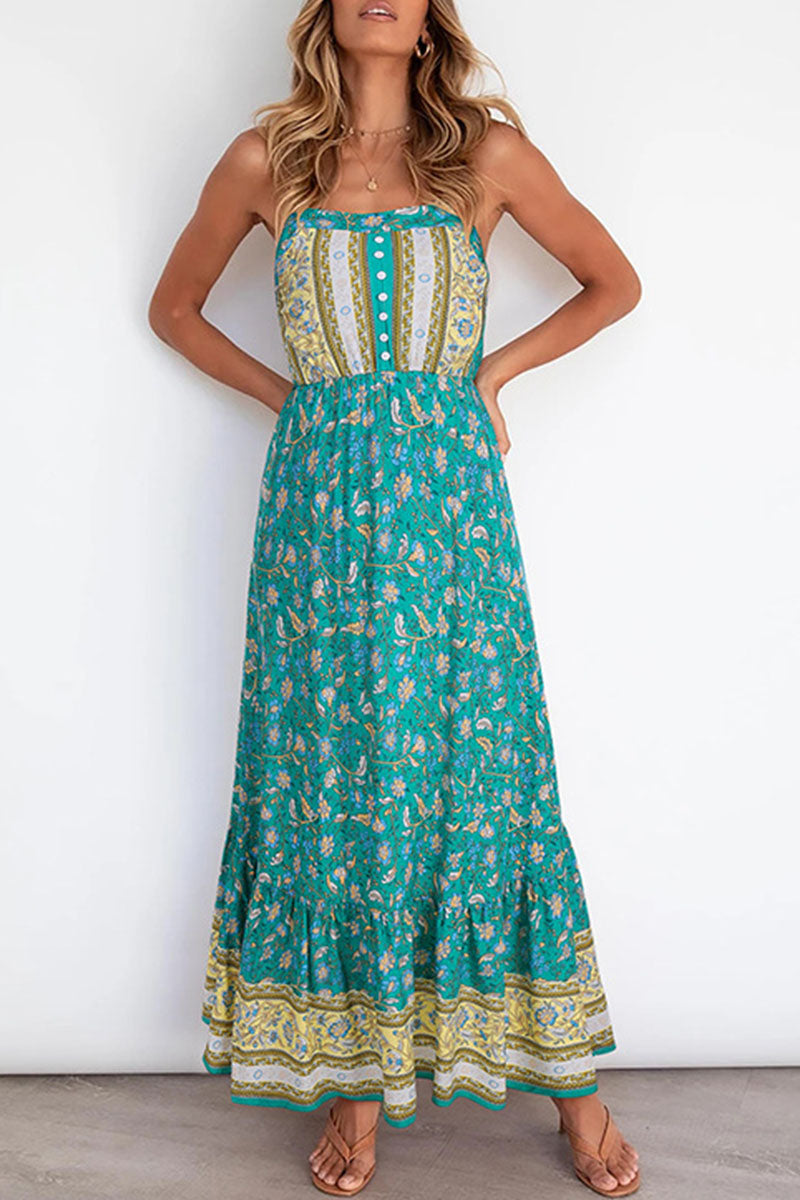 Elegant Print Split Joint Spaghetti Strap A Line Dresses Ins Street