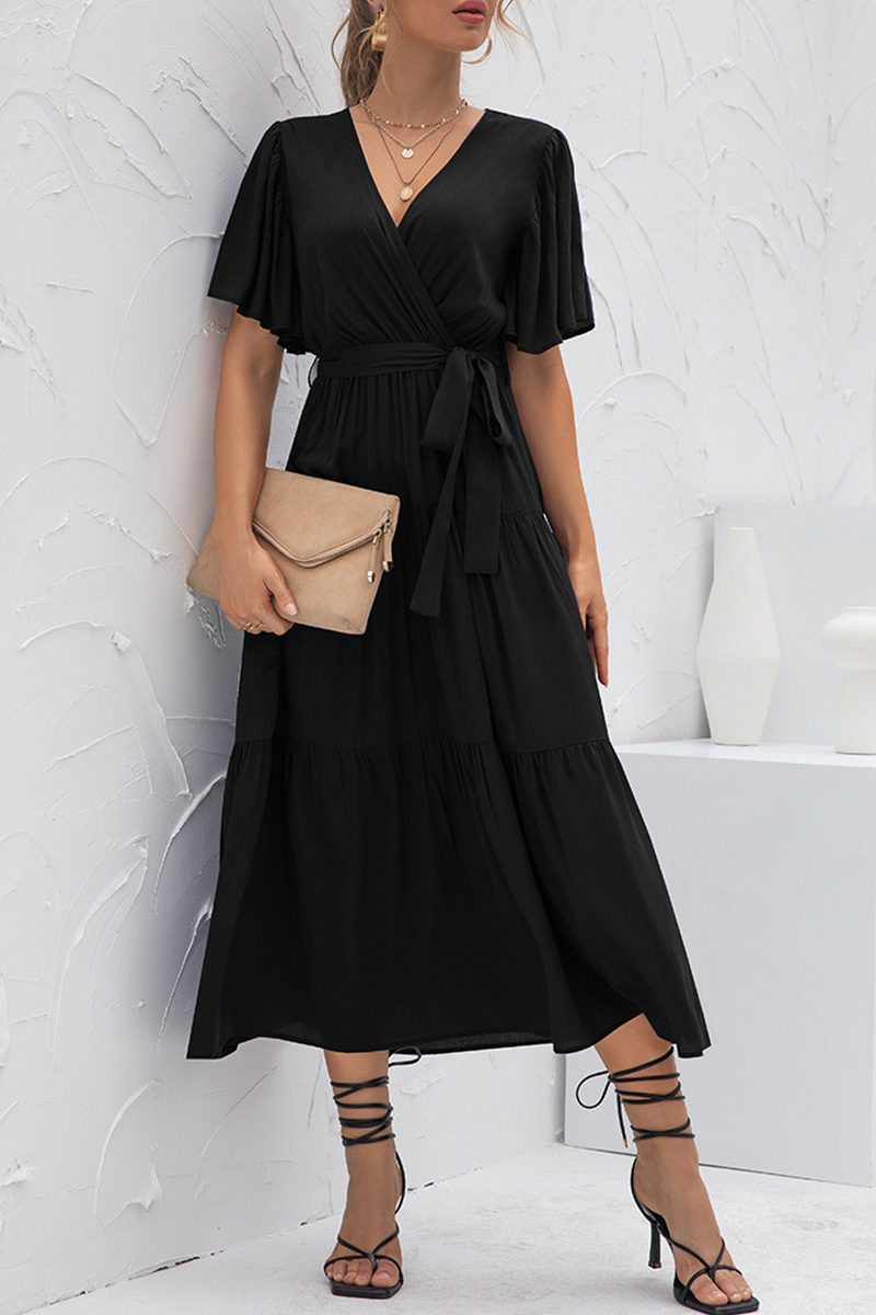 Solid Split Joint With Belt V Neck Cake Skirt Dresses(4 colors) Ins Street