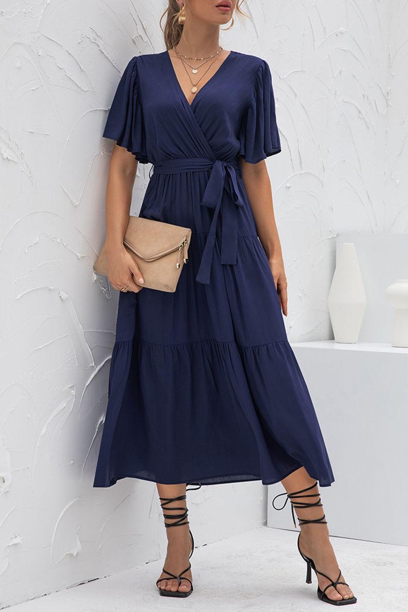 Solid Split Joint With Belt V Neck Cake Skirt Dresses(4 colors) Ins Street