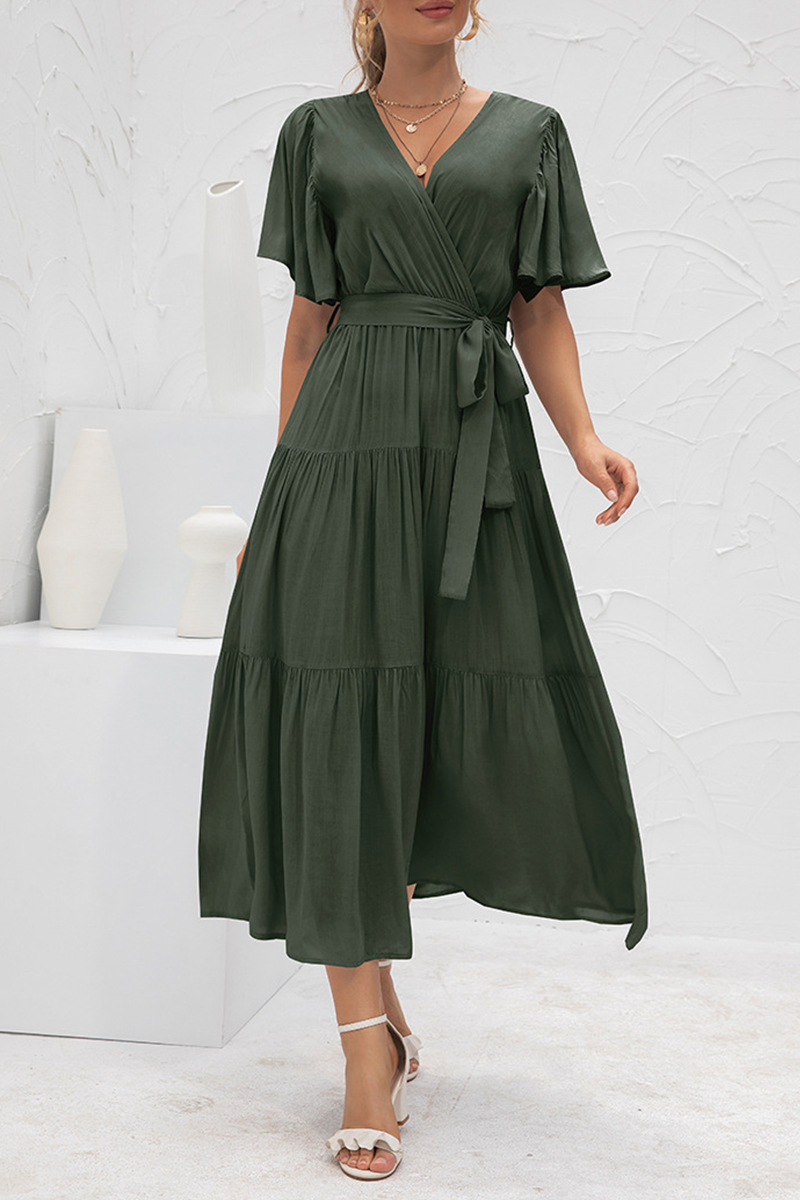 Solid Split Joint With Belt V Neck Cake Skirt Dresses(4 colors) Ins Street