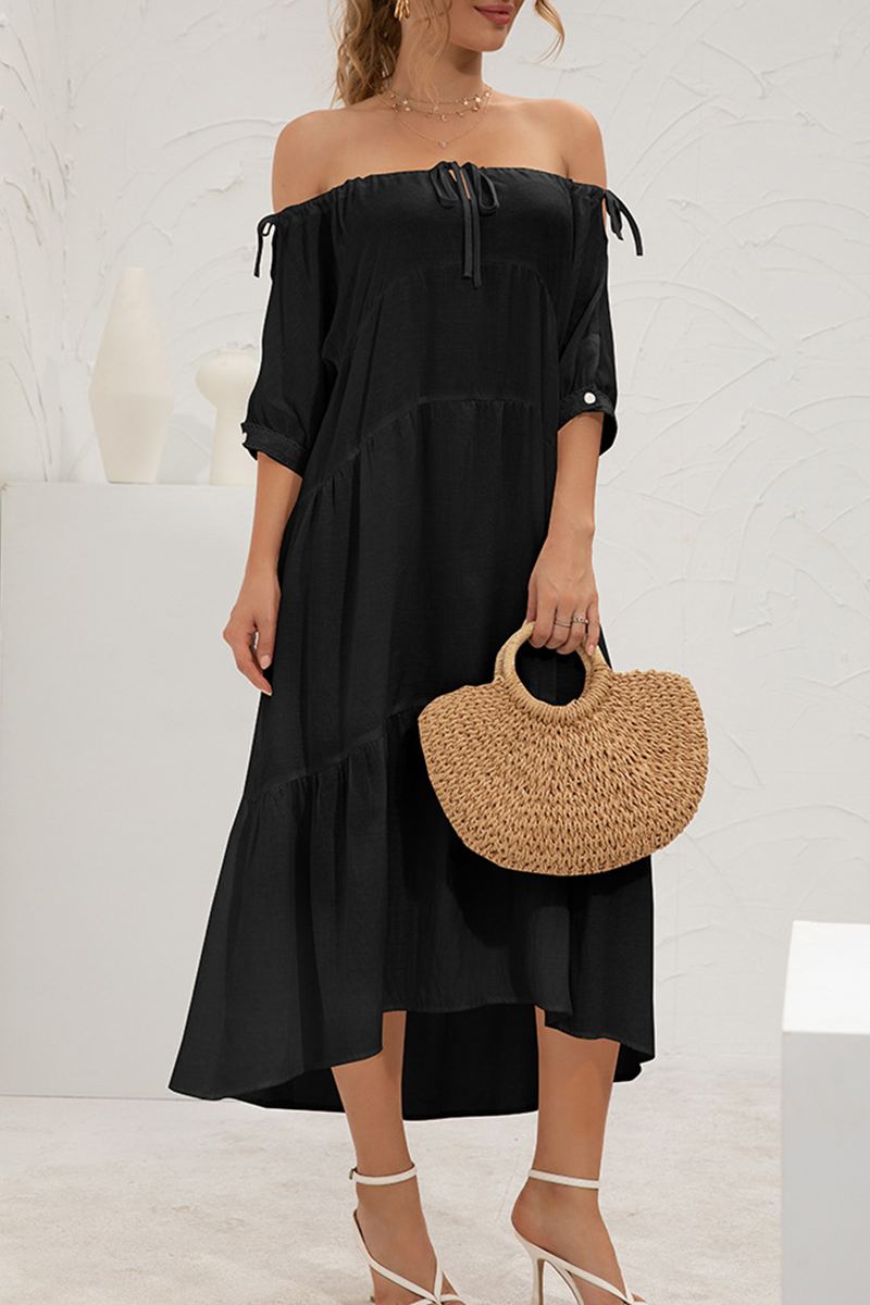 Solid Split Joint Frenulum Off the Shoulder Cake Skirt Dresses Ins Street