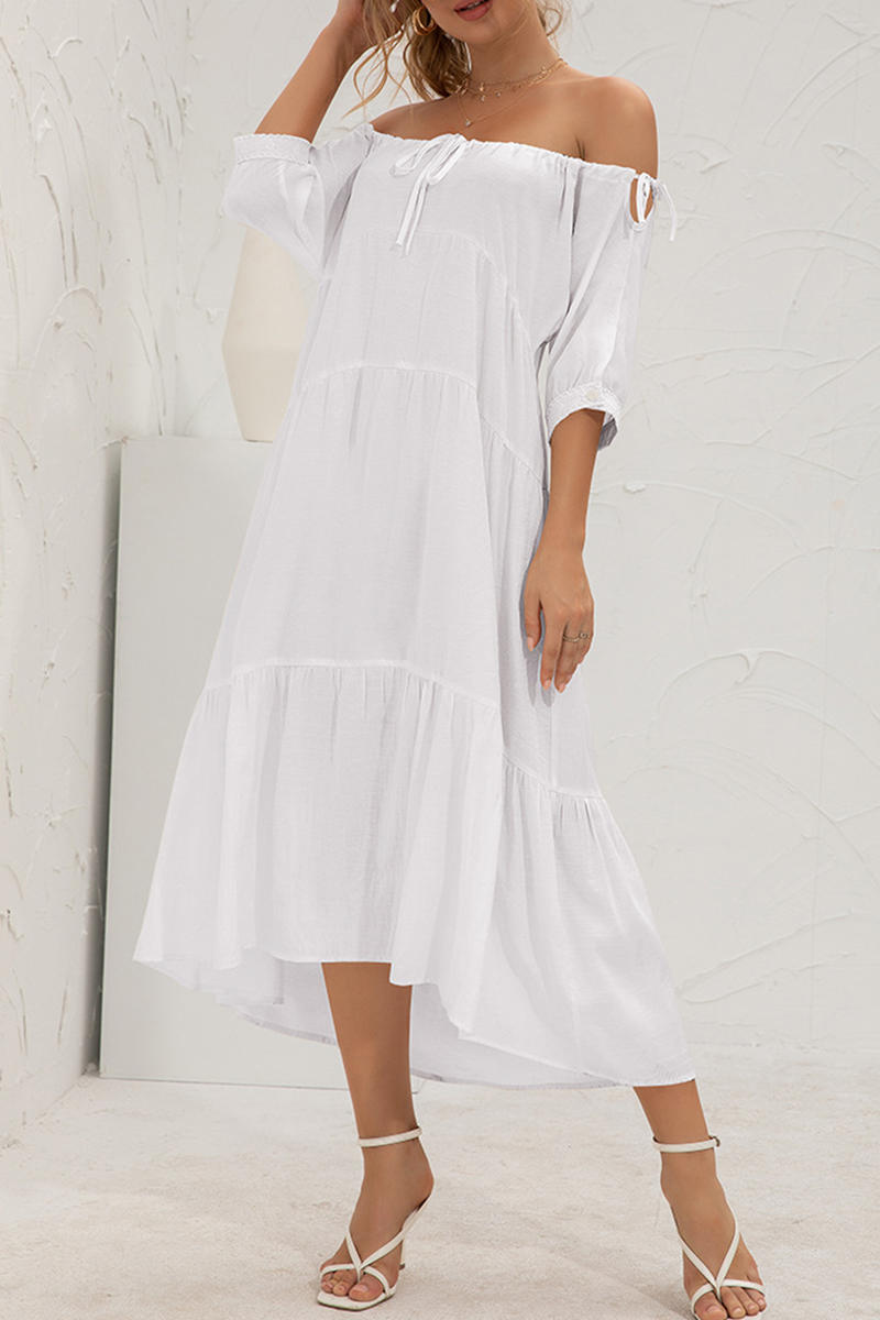 Solid Split Joint Frenulum Off the Shoulder Cake Skirt Dresses Ins Street