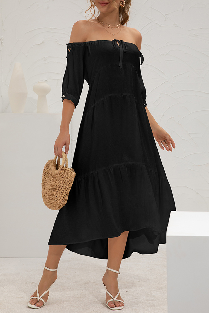 Solid Split Joint Frenulum Off the Shoulder Cake Skirt Dresses Ins Street