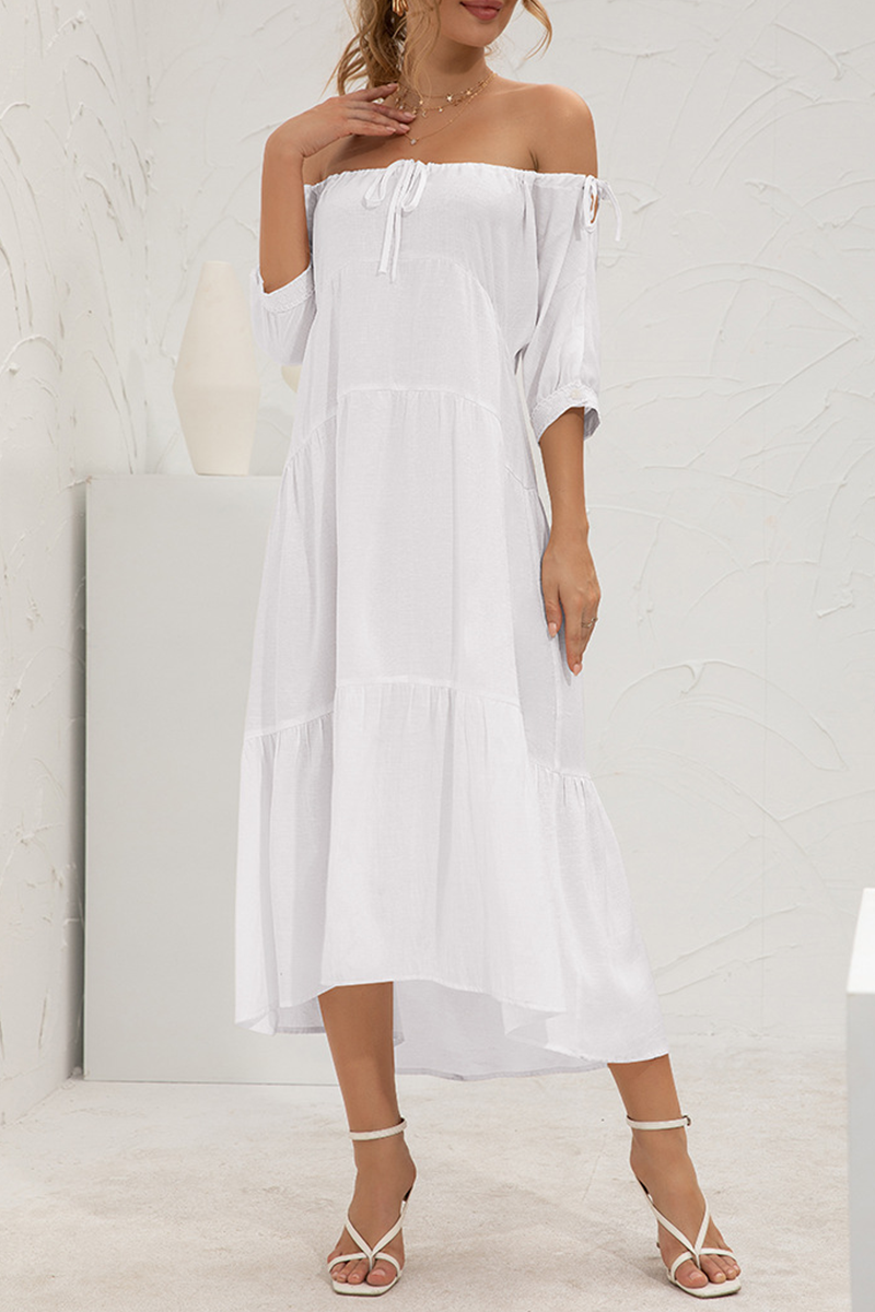 Solid Split Joint Frenulum Off the Shoulder Cake Skirt Dresses Ins Street