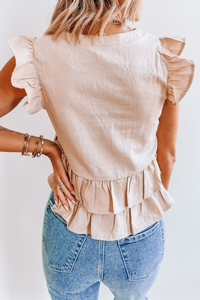 Solid Buckle Flounce V Neck Tops Ins Street