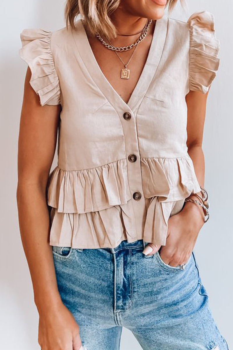 Solid Buckle Flounce V Neck Tops Ins Street