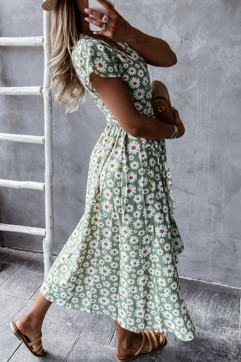 Bohemian Print Split Joint V Neck Irregular Dresses Ins Street