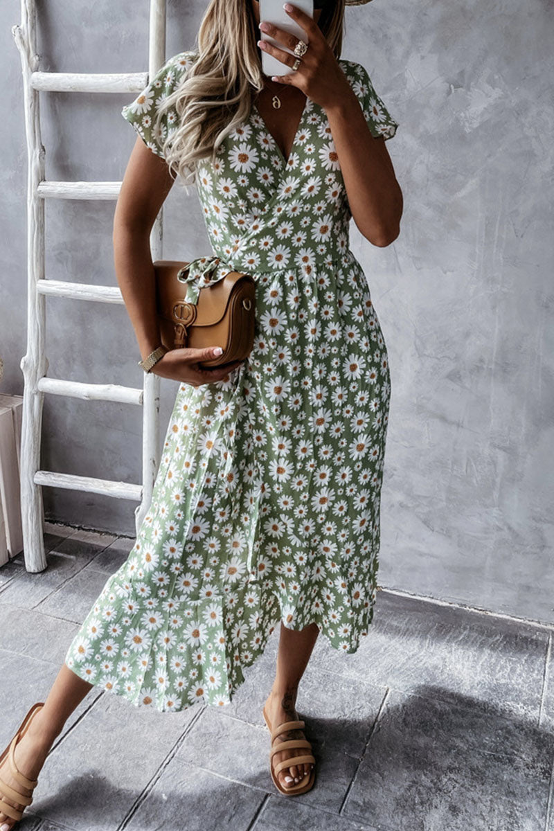 Bohemian Print Split Joint V Neck Irregular Dresses Ins Street