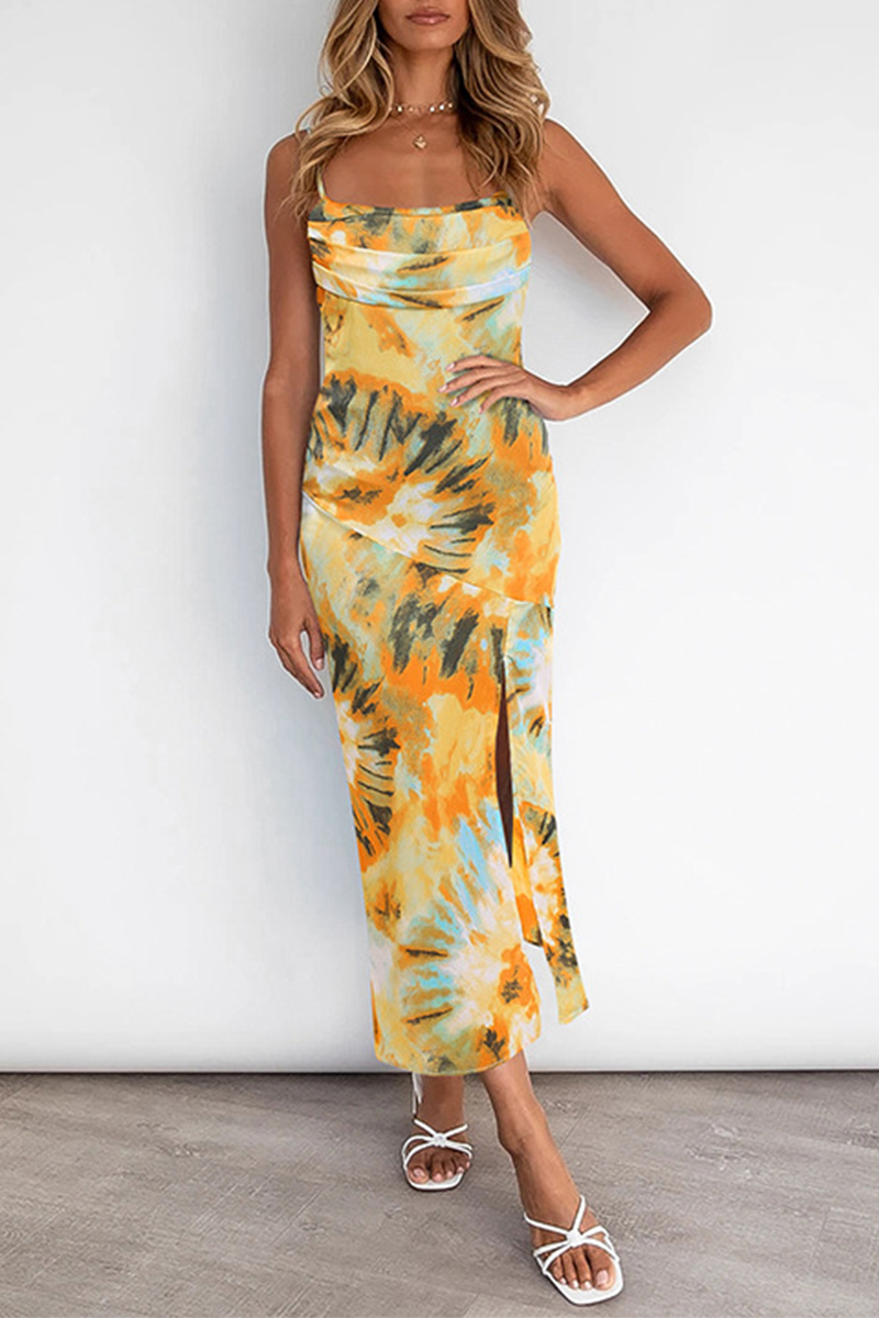 Print Split Joint Slit Strapless Sling Dress Dresses Ins Street