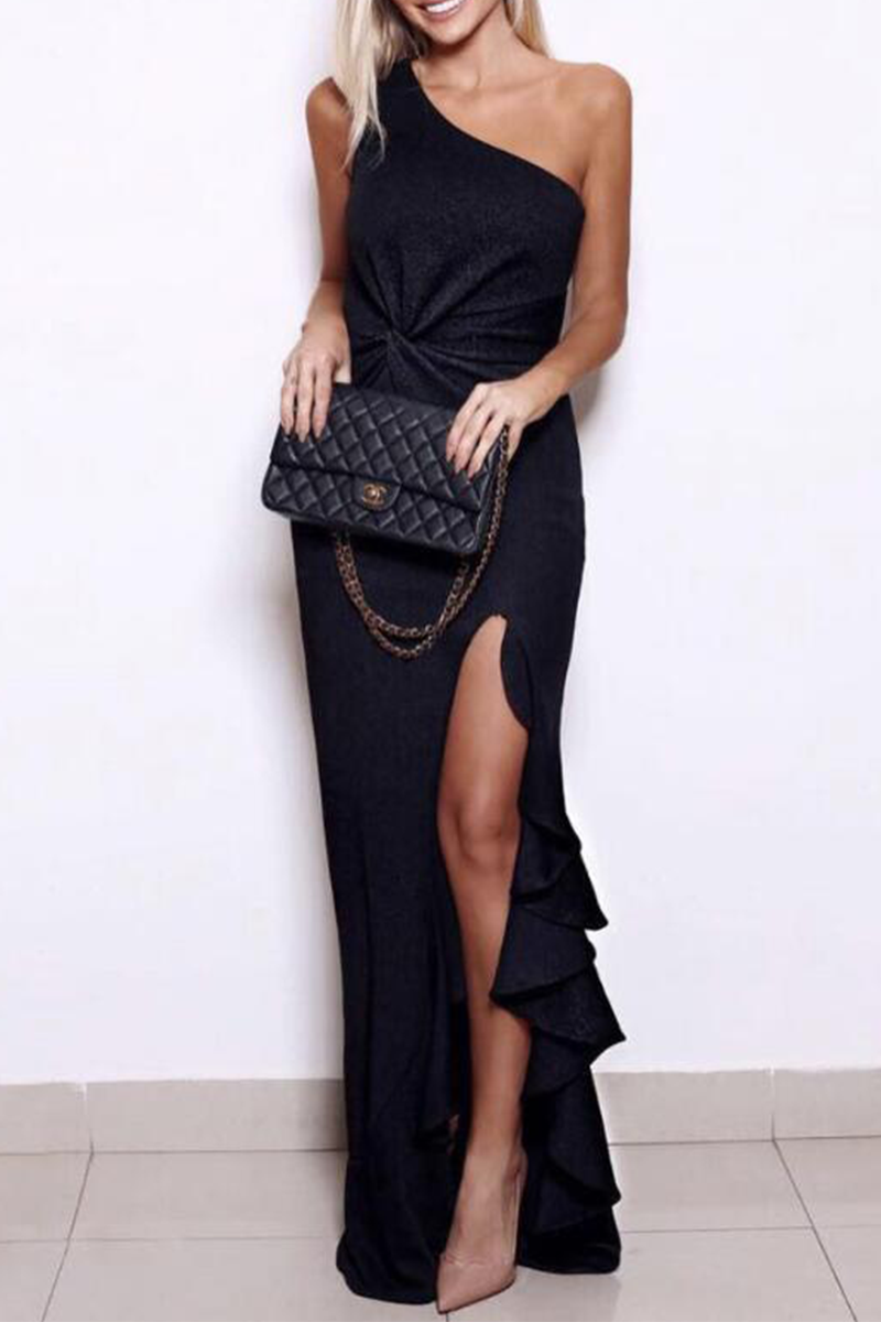 Solid Flounce Slit One Shoulder Evening Dress Dresses Ins Street