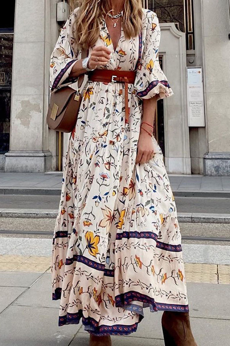 Print Split Joint V Neck A Line Dresses Ins Street