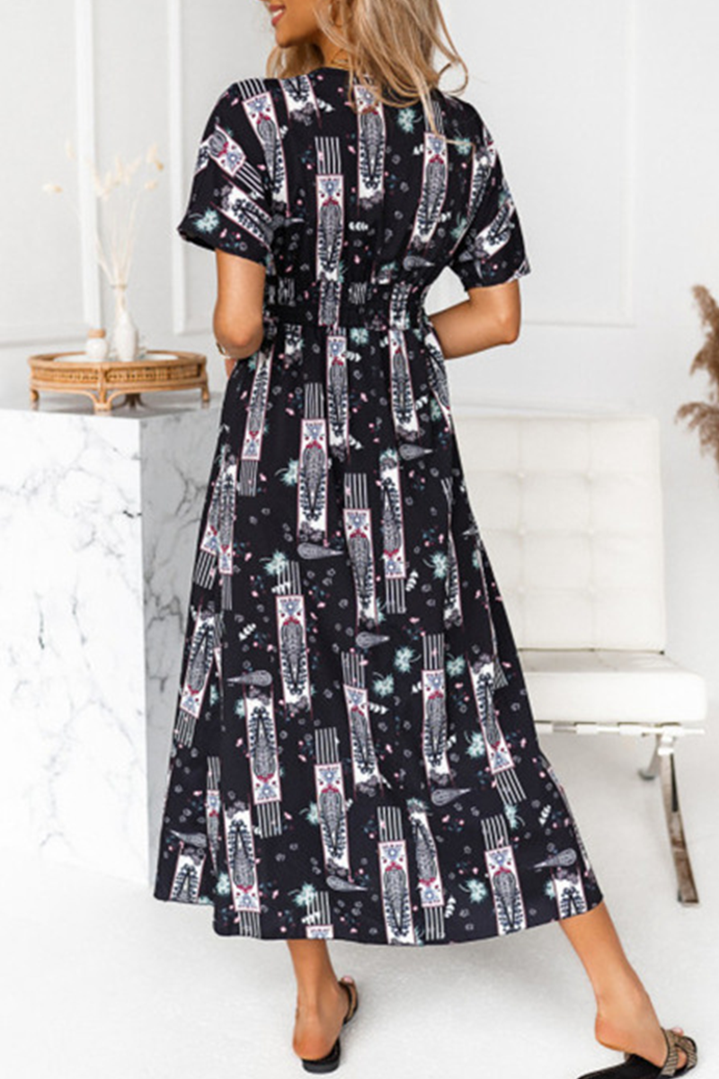 Elegant Print Tassel Split Joint V Neck A Line Dresses Ins Street
