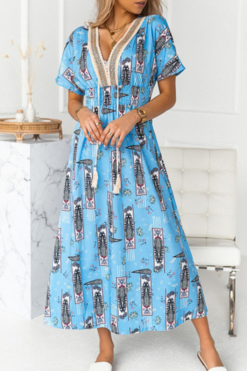 Elegant Print Tassel Split Joint V Neck A Line Dresses Ins Street