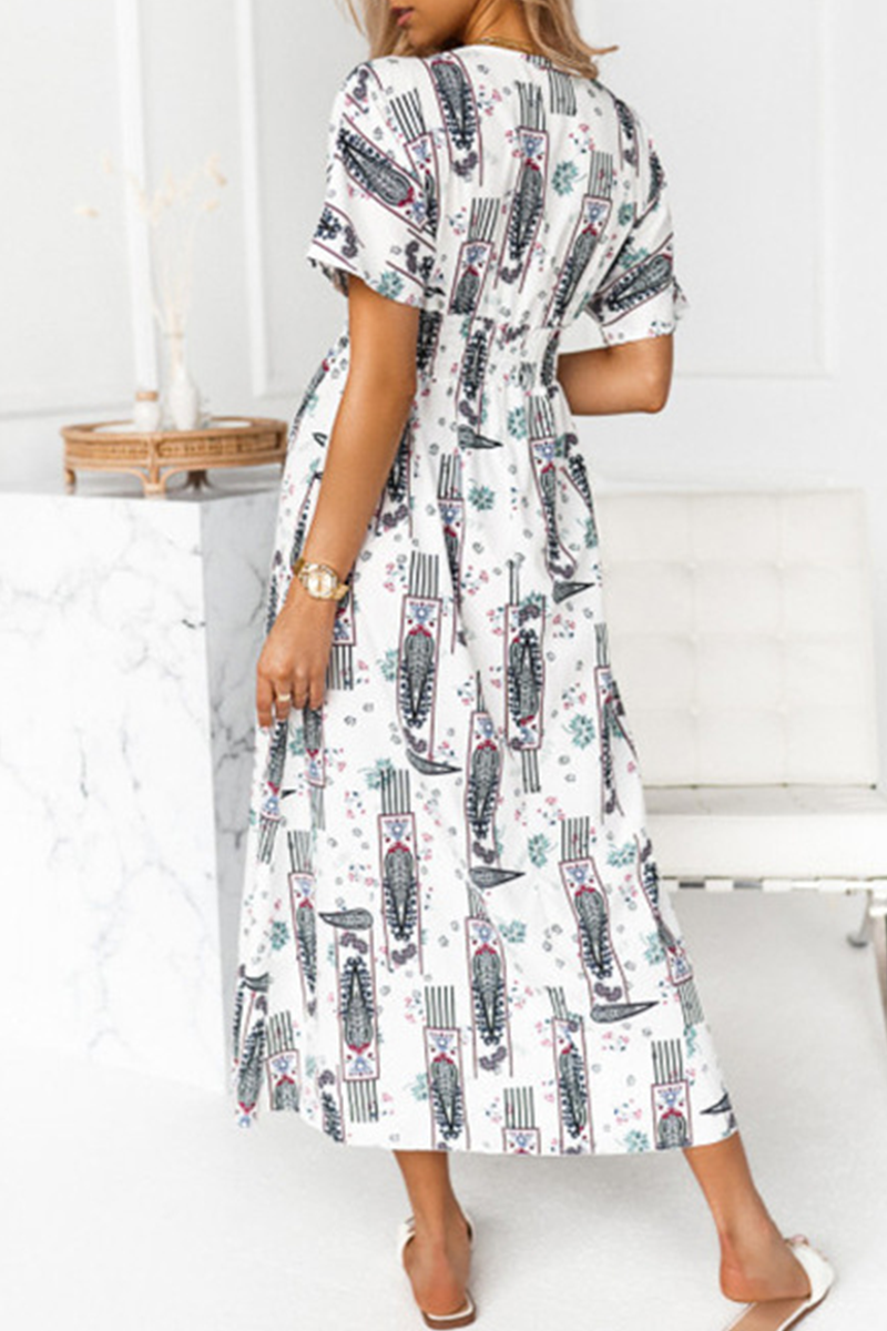 Elegant Print Tassel Split Joint V Neck A Line Dresses Ins Street