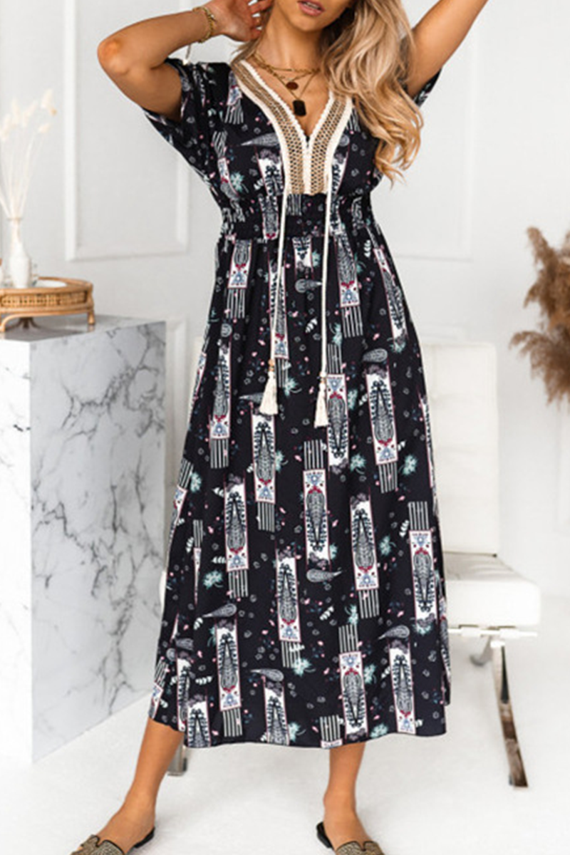 Elegant Print Tassel Split Joint V Neck A Line Dresses Ins Street