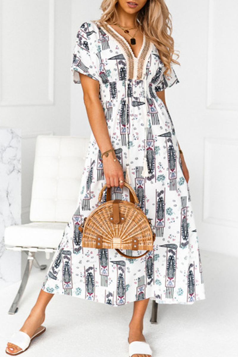 Elegant Print Tassel Split Joint V Neck A Line Dresses Ins Street