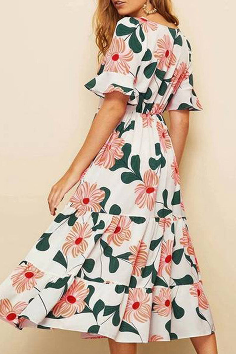 Print Split Joint V Neck A Line Dresses Ins Street